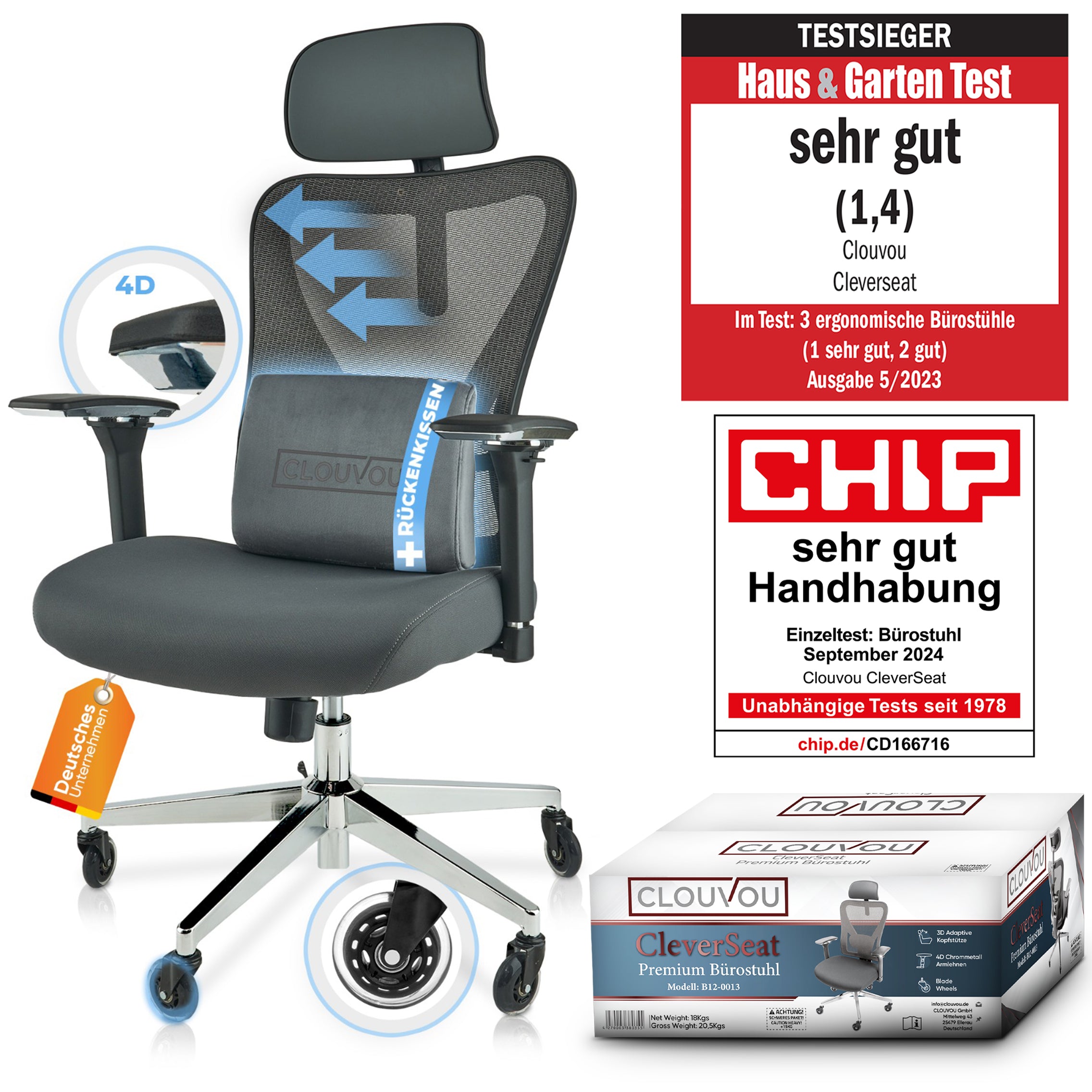 CLOUVOU CleverSeat - Ergonomischer Bürostuhl "Zeitloses Design trifft auf unschlagbare Qualität" - Clouvou #farbe_grau