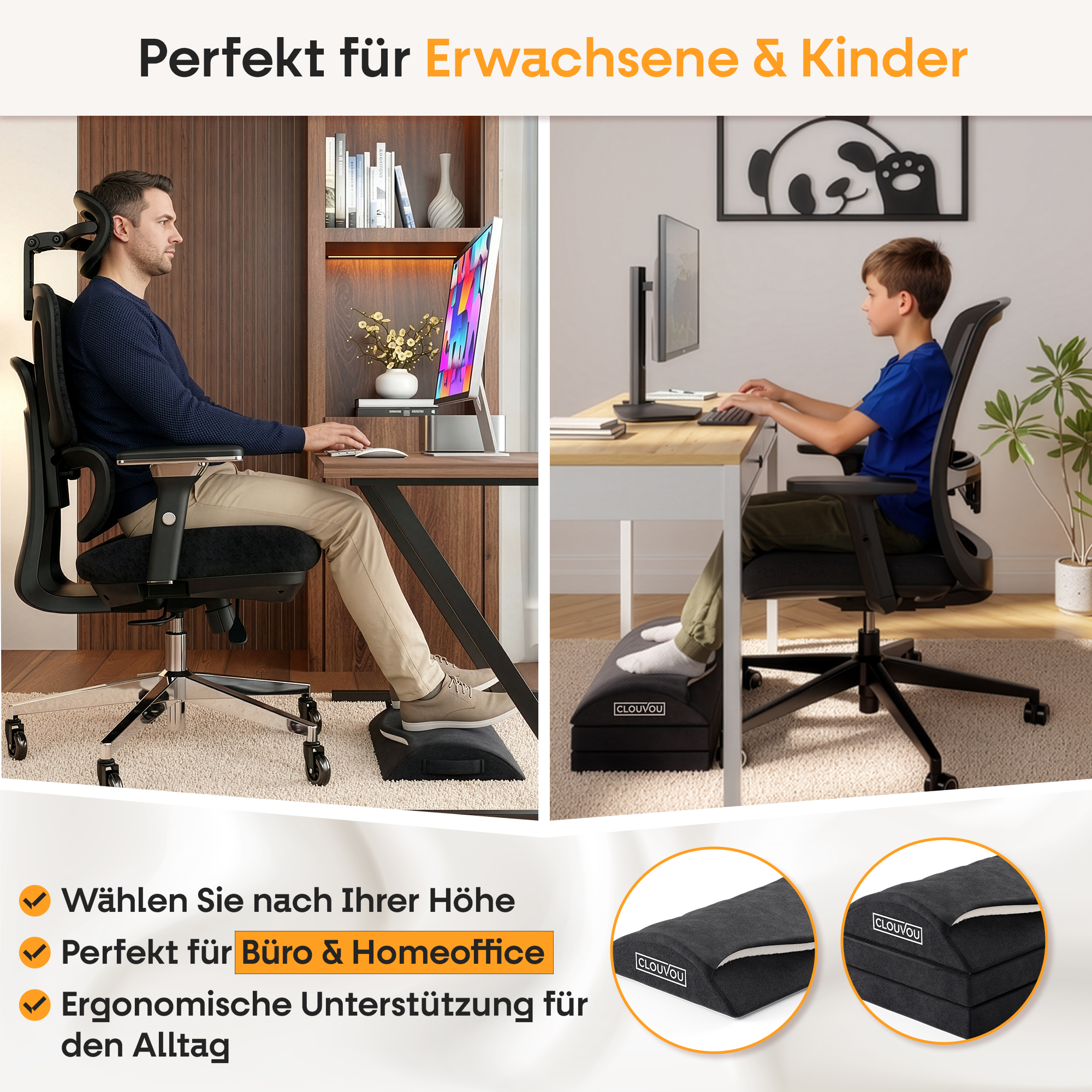 CLOUVOU MasterRest – Repose-pieds ergonomique | 3 niveaux de hauteur & pochette chauffante