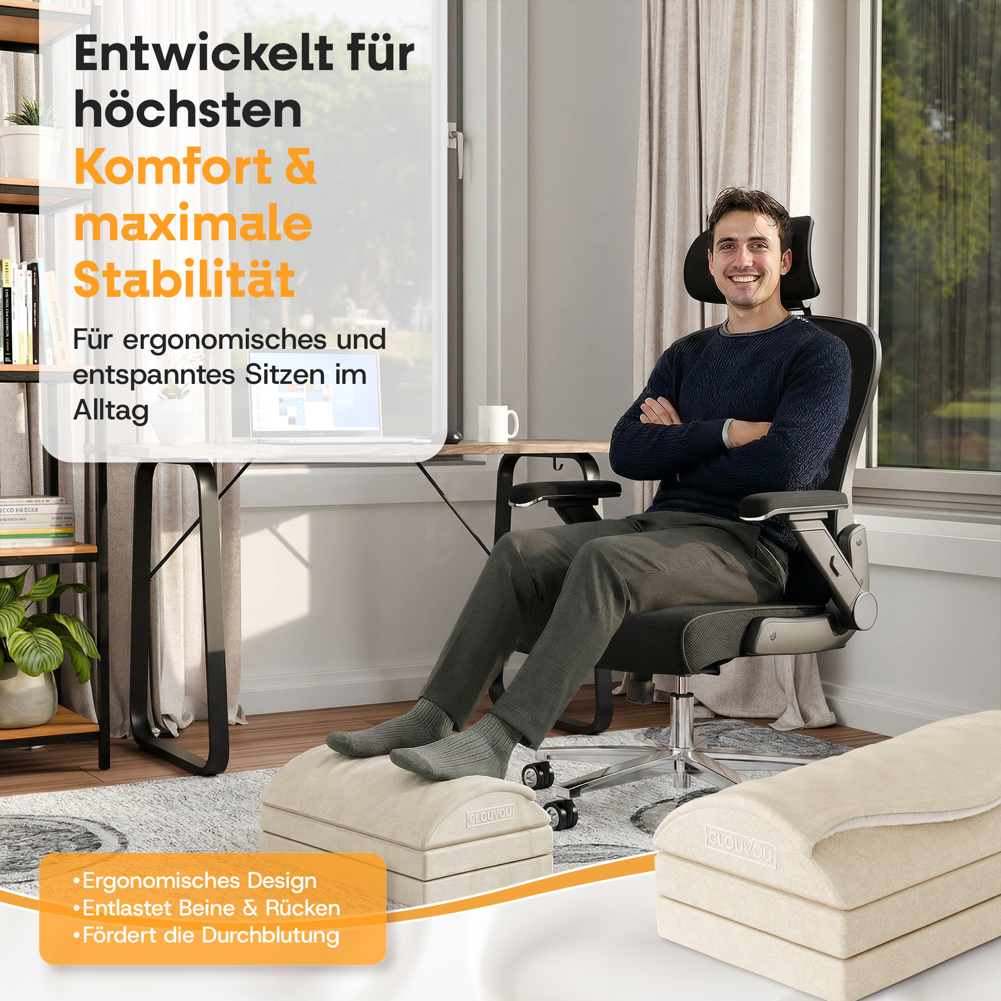 CLOUVOU MasterRest – Repose-pieds ergonomique | 3 niveaux de hauteur & pochette chauffante