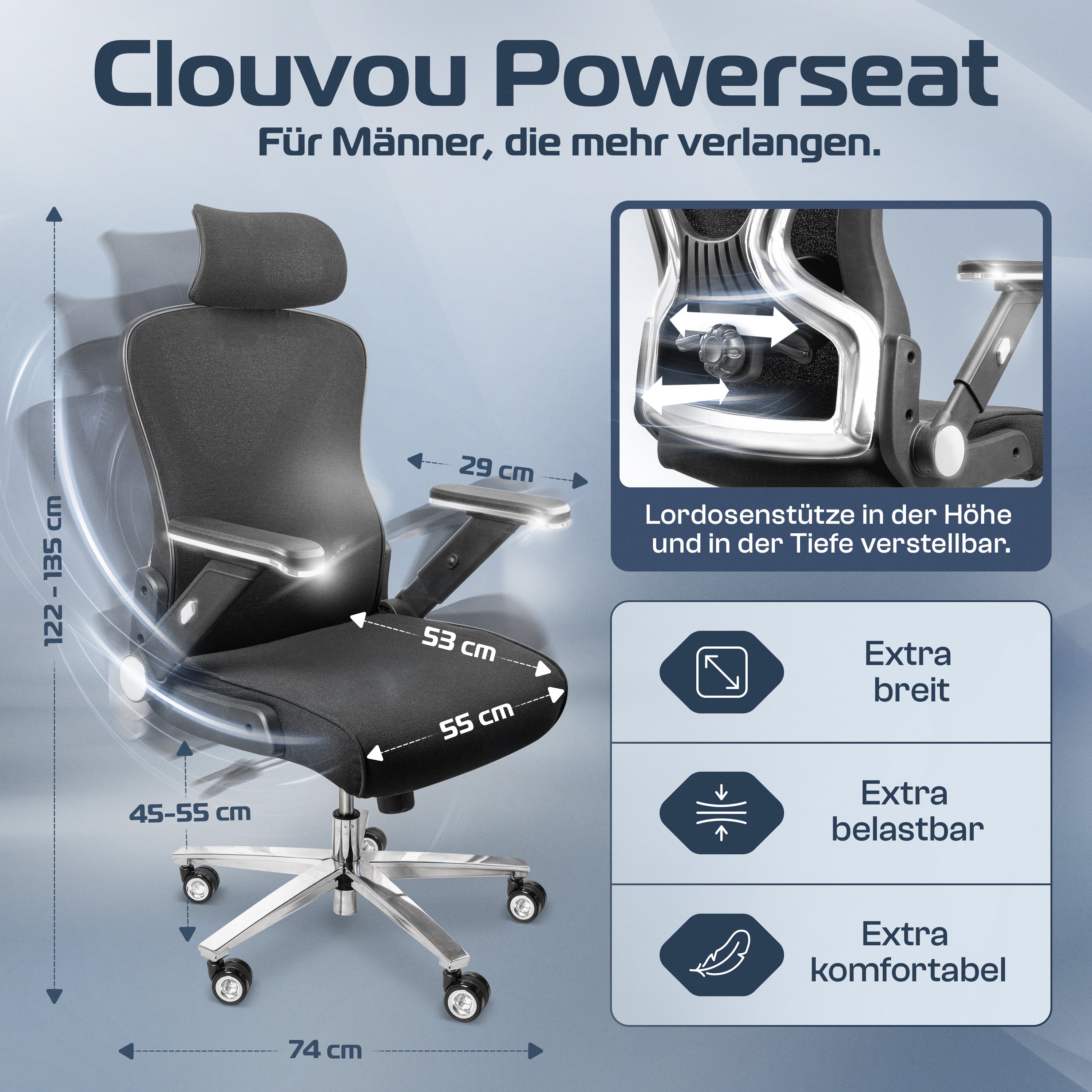 CLOUVOU PowerSeat - Ergonomischer Bürostuhl „ Extra breit gebaut und weich wie auf einer Matratze“ - Clouvou #farbe_schwarz