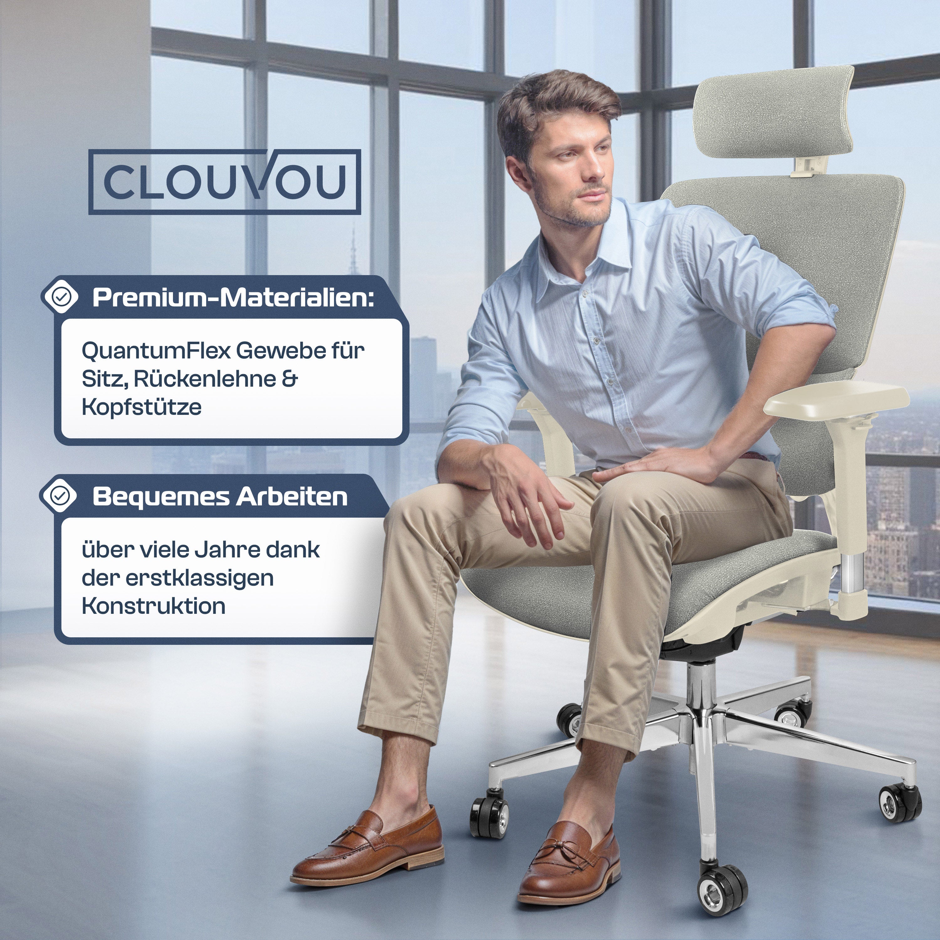CLOUVOU MasterSeat – Ergonomischer Bürostuhl "Sitzen wie ein König – Komfort neu definiert" - Clouvou#farbe_creme