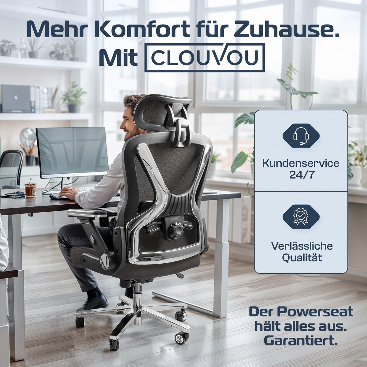 CLOUVOU PowerSeat - Ergonomischer Bürostuhl „ Extra breit gebaut und weich wie auf einer Matratze“ - Clouvou#farbe_grau