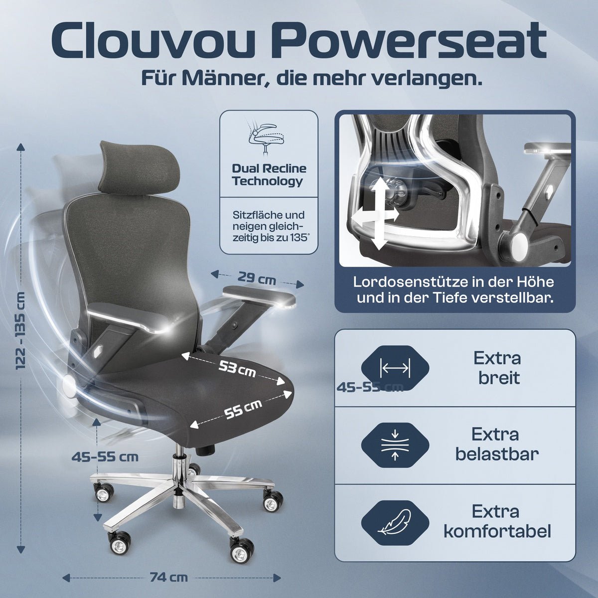CLOUVOU PowerSeat - Ergonomischer Bürostuhl „ Extra breit gebaut und weich wie auf einer Matratze“ - Clouvou#farbe_grau