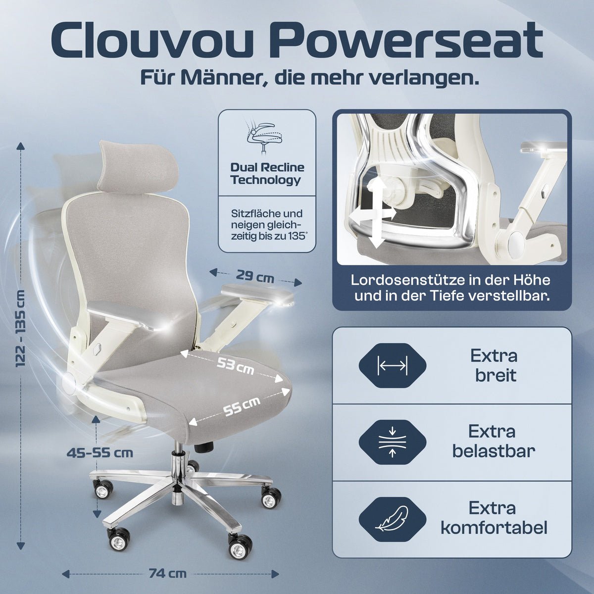 CLOUVOU PowerSeat - Ergonomischer Bürostuhl „ Extra breit gebaut und weich wie auf einer Matratze“ - Clouvou#farbe_creme