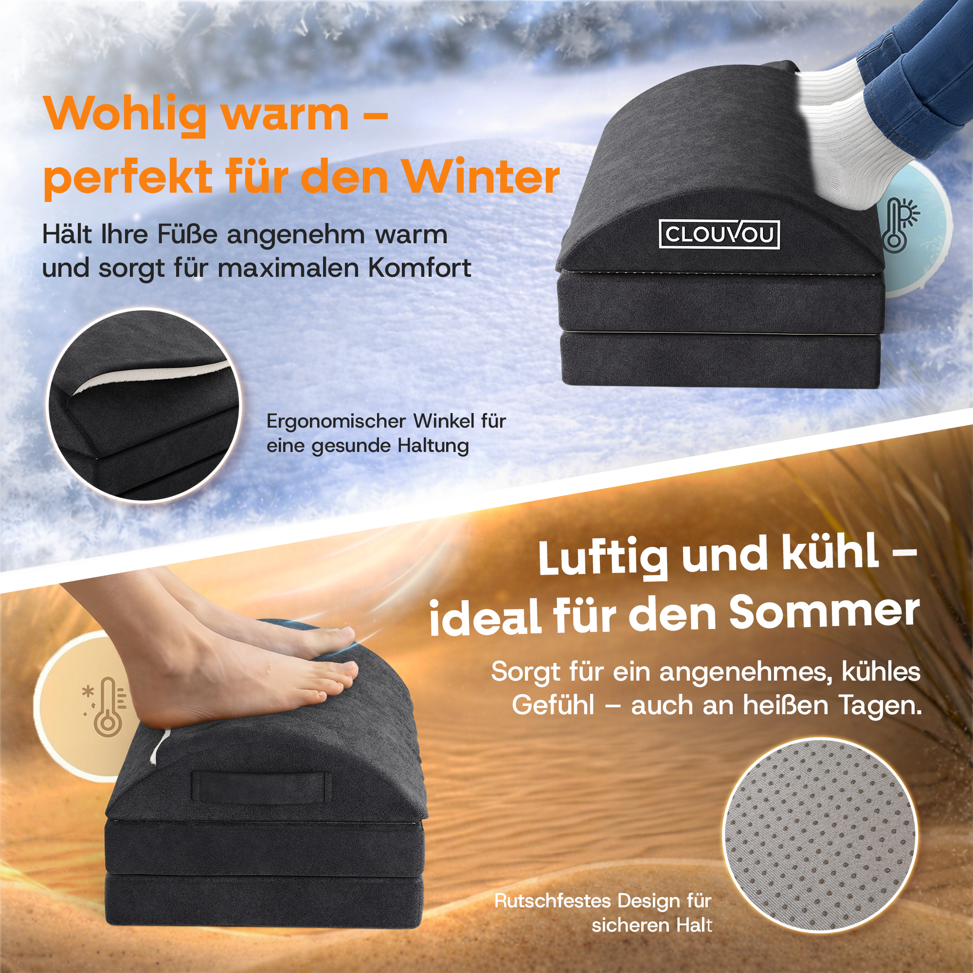 CLOUVOU MasterRest – Ergonomische Fußstütze | 3 Höhenstufen & Wärmetasche