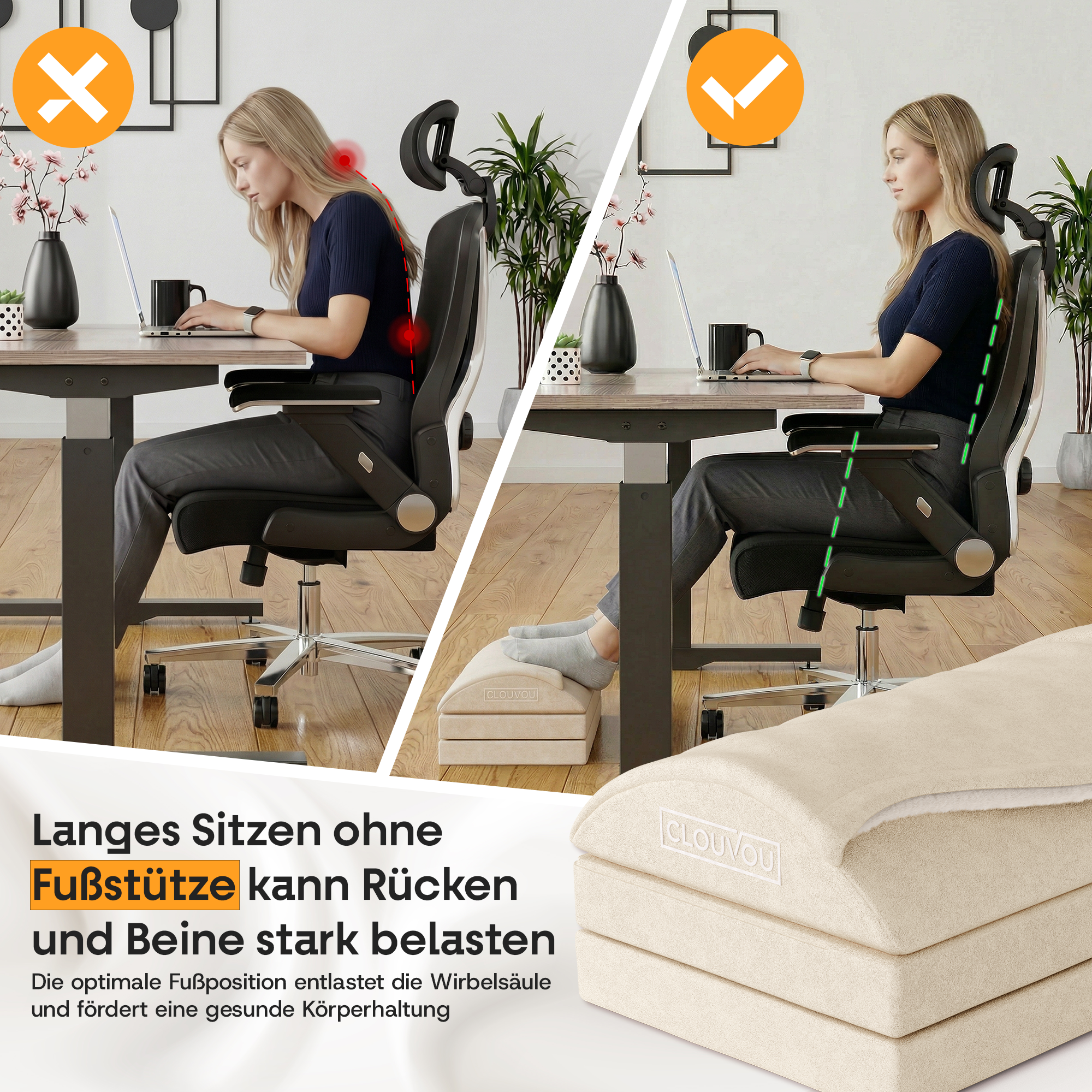 CLOUVOU MasterRest – Ergonomische Fußstütze | 3 Höhenstufen & Wärmetasche