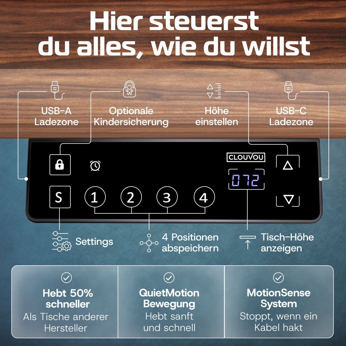 CleverDesk – Elektrisch höhenverstellbarer Schreibtisch - Clouvou 160 x 80cm